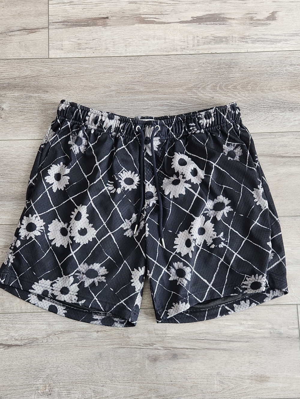 PACSUN Volley Medium Black Floral Grid Drawstring Shorts